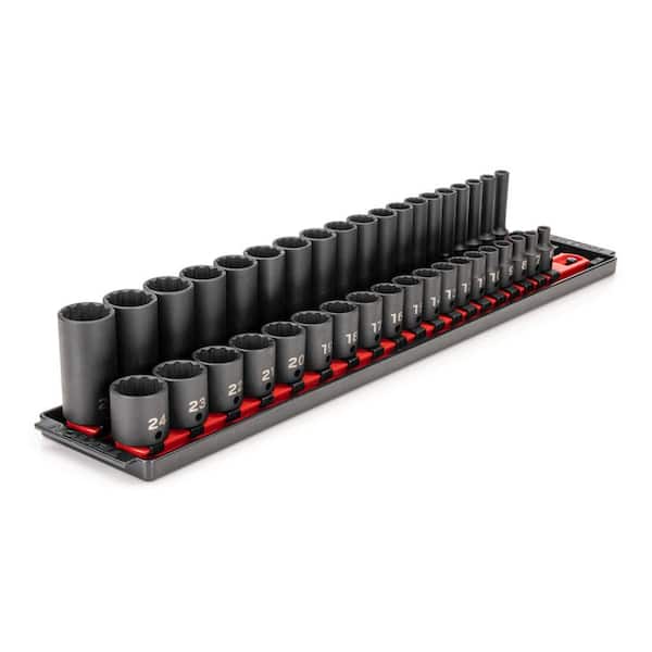 TEKTON 3/8 in. Drive 12-Point Impact Socket Set with Rails (6 mm-24 mm) (38-Piece)
