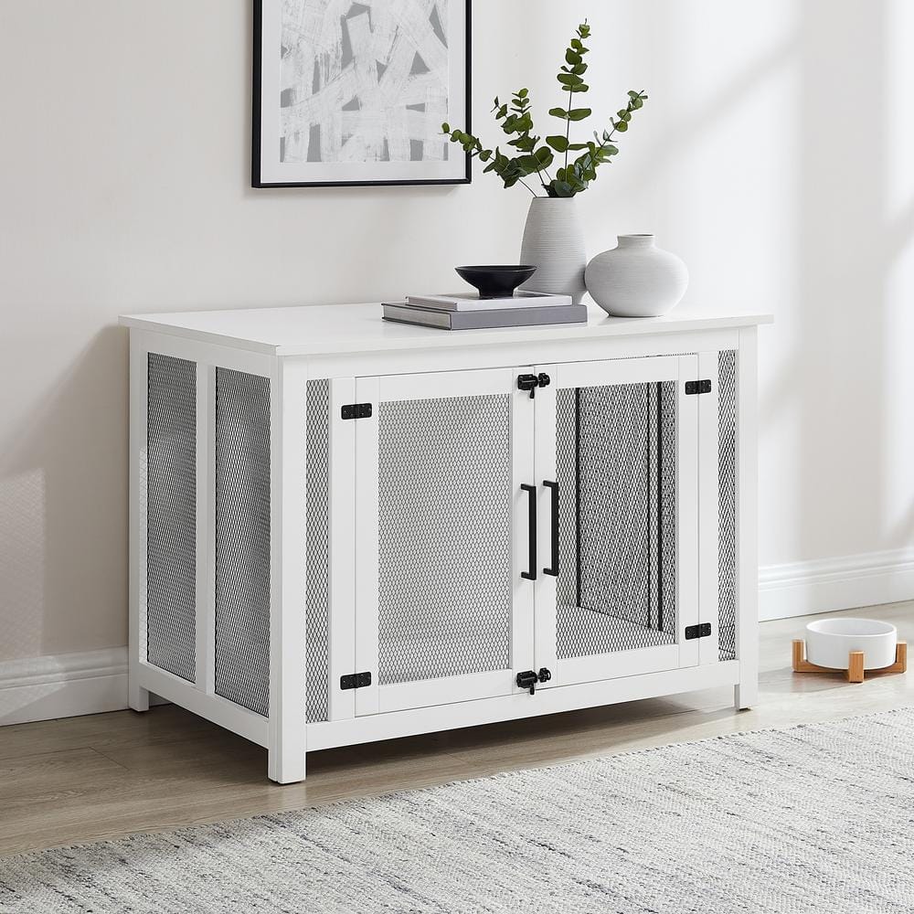 White and Black Steel Mesh Dog Crate Console Table