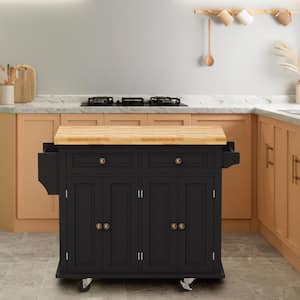 Black Rolling Wood Tabletop 43 in. Kitchen Island Cart with Drawers