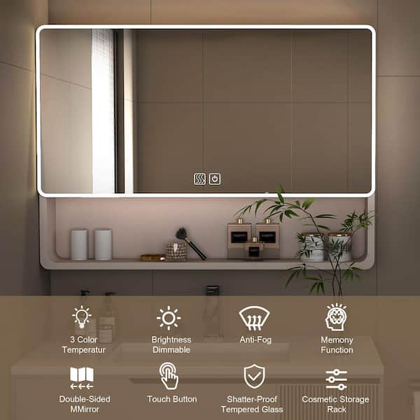 MEG 35 in. W x 28 in. H Rectangular White Aluminum Recessed/Surface Mount Medicine Cabinet with Mirror and LED﻿