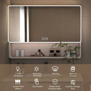 stufurhome MEG 35 in. W x 28 in. H Rectangular White Aluminum Recessed/Surface Mount Medicine Cabinet with Mirror and LED﻿ MG-441-3532