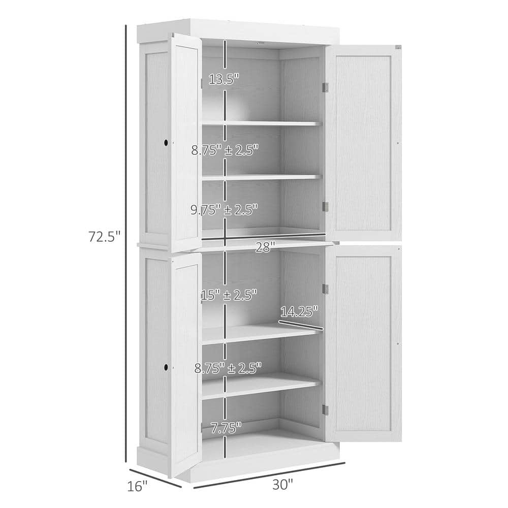 72" White Wood Grain Shaker Style Freestanding Kitchen Pantry Cabinet