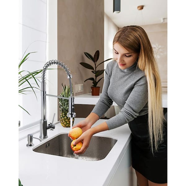 Single Handle Pull Down Sprayer Kitchen Faucet with Soap Dispenser High-Arc Sink Faucet in Polished Chrome