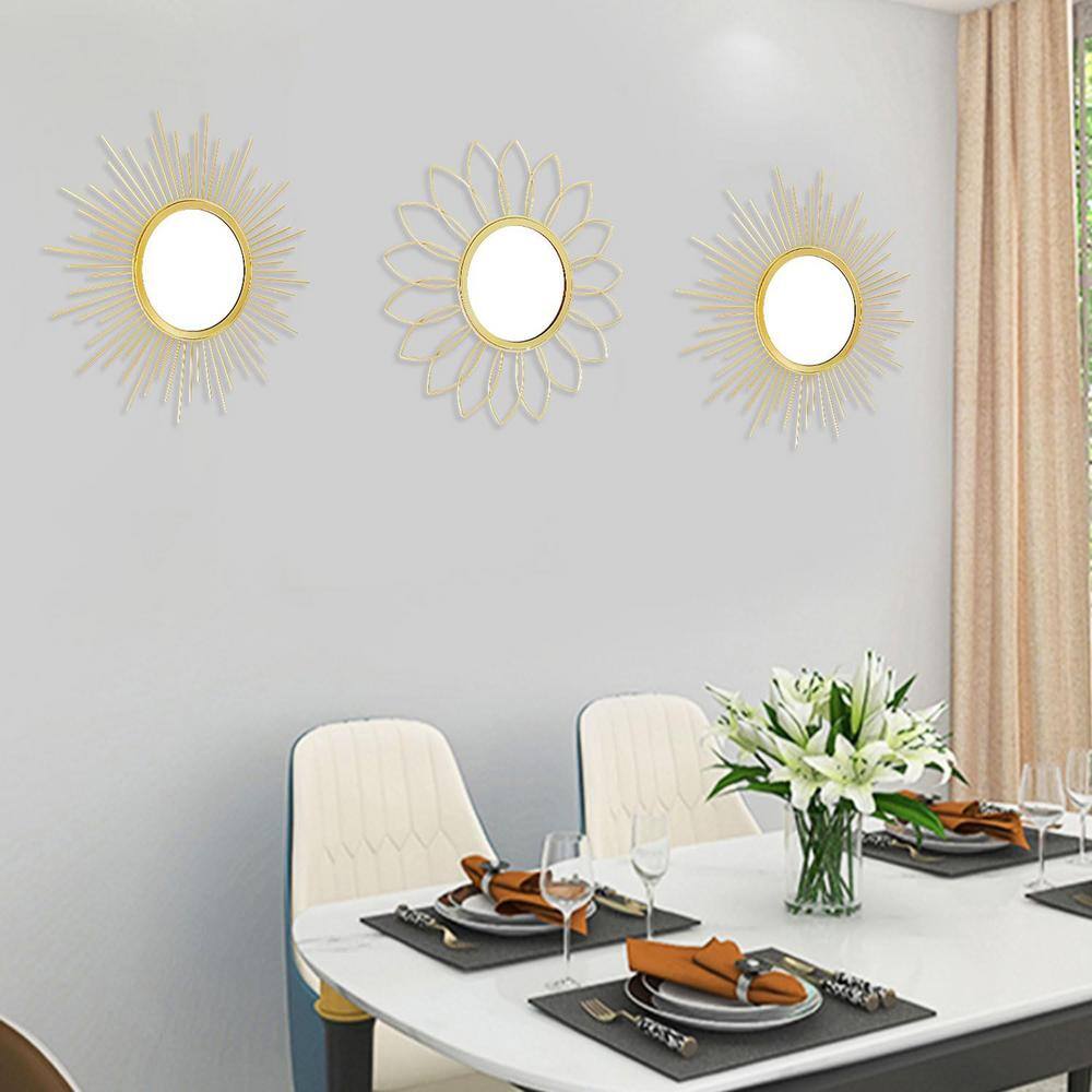 Gold Sunburst Round Metal Wall Mirrors, Set of 3