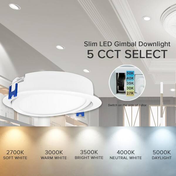 Maxxima 6 in. 5 CCT Ultra-Thin Recessed LED Gimbal Downlight with Junction Box, Color Selectable 2700K-5000K (2700K/3000K/3500K/4000K/5000K), Dimmable
