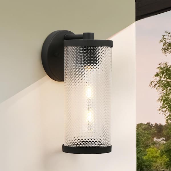 LNC Modern Textured Black Outdoor Wall Sconce 1-Light Contemporary Cylinder Outdoor Wall Light with Textured Glass Shade
