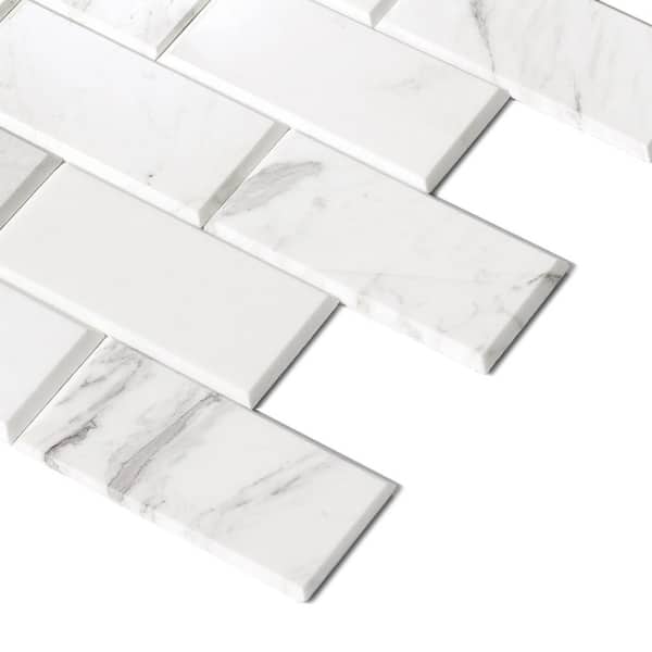 Subway Carrara White 11.8 in. x 11.8 in. Honed Natural Marble Peel and Stick Backsplash Wall Tile (5-Pack)
