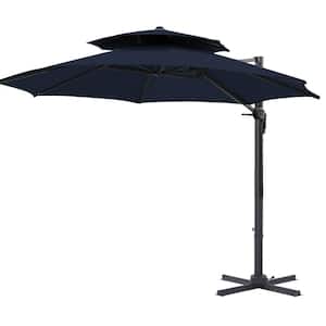 12 ft. 2-Tier Patio Offset Umbrella Cantilever Umbrella, Fade Resistant and 6-Level 360° Rotation in Navy Blue