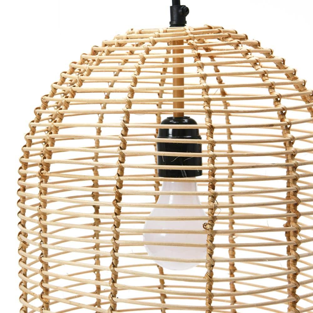 14.5" Brown LED Farmhouse Rattan Bowl Pendant Light