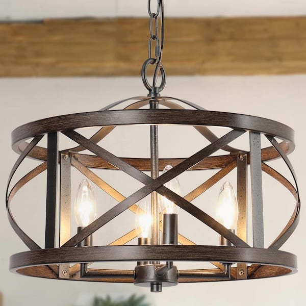 4-Light Rust Black Drum Cage Candlestick Island Chandelier with Faux Wood Accents