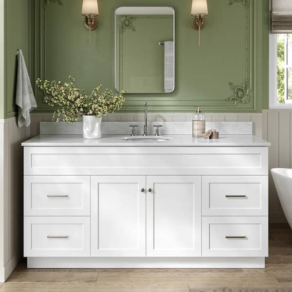 ARIEL Hamlet 67 in. W x 22 in. D x 35.25 Single Sink Freestanding Bath Vanity in White with Carrara White Marble Top