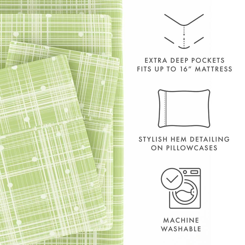 Moss Green Plaid Polka Dot Twin Microfiber Sheet Set