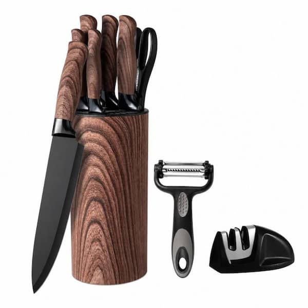 9-Piece Kitchen Knife Set with Block and Sharpener, Anti-Rust Stainless Steel Cooking Knives Set for Kitchen, Black