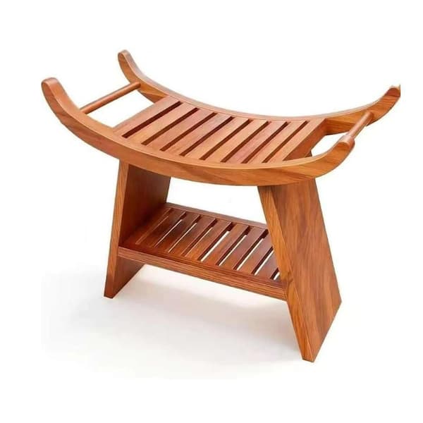 23 in. W Teak Shower Bench Curved Seat Teak Shower Stool in Brown, Wooden Bathroom Stool with Shower Storage Shelf