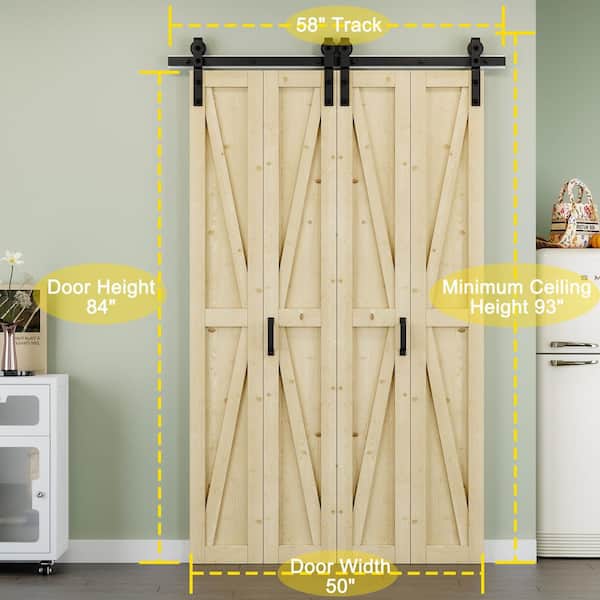 50 in. x 84 in. Paneled K Shape Solid Pine Wood Unfished Bi-Fold Sliding Barn Door with Hardware Kit and Handle