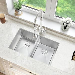 20-Gang Stainless Steel Double Bowl 32 in. Undermount Kitchen Sink with Drain Assembly Strainer