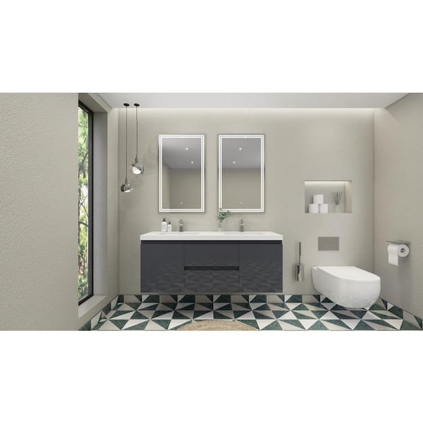 Unbranded Bohemia 60 in. W Bath Vanity in High Gloss Gray with Reinforced Acrylic Vanity Top in White with White Basins