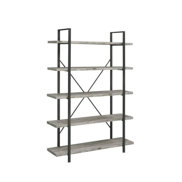 Benjara 70 In. Light Gray 5 Shelves Wood Bookcase with Crossed Metal