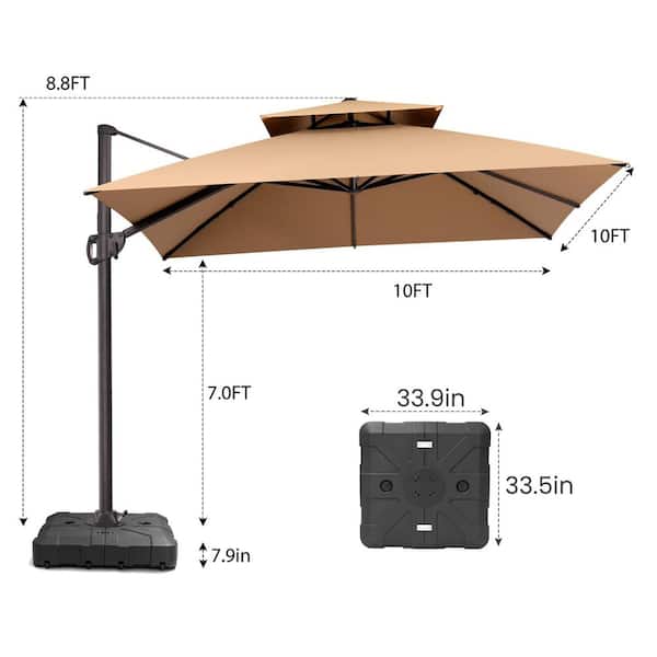apontus offset patio umbrella Pellebant Double Top 10 ft. Square Cantilever Patio Umbrella Offset 360° Rotation Umbrella in Tan with 350 lbs. Umbrella Base