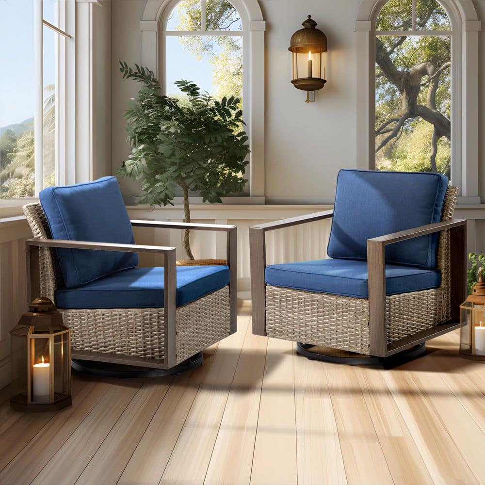 2-Piece Wicker Outdoor Rocking Chair Patio Swivel Chairs with Metal Frame and Dark Blue Cushions price history on PriceWatchPro