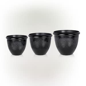 Indoor/Outdoor Stone Planters with Drainage Holes and Plugs, Speckled Black (Set of 3)