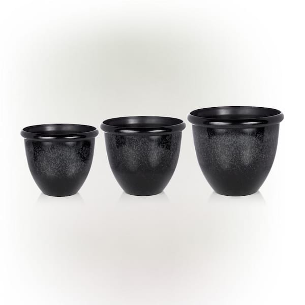 Alpine Corporation Indoor/Outdoor Stone Planters with Drainage Holes and Plugs, Speckled Black (Set of 3)