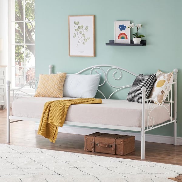 Metal Daybed Frame，White Modern Twin Daybed Frame ，Child Bed Sofa Multifunctional Mattress Foundation，Steel Slats