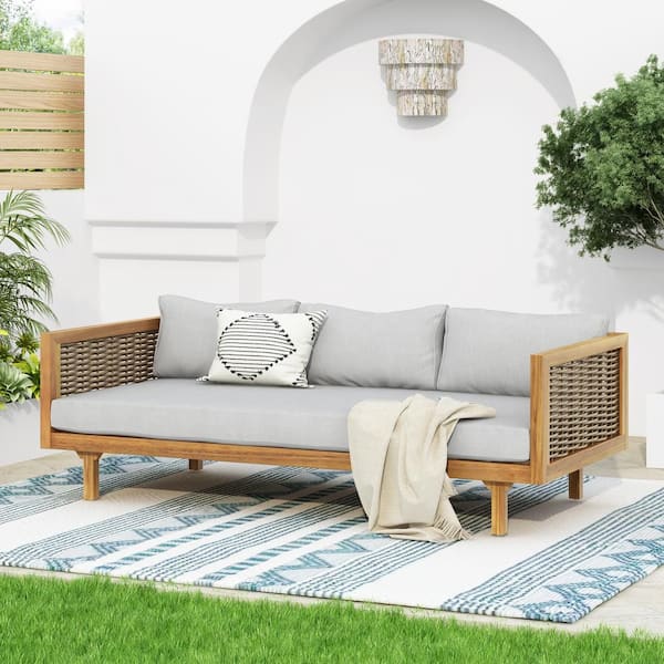 Cesicia Wood 3-Seater Outdoor Day Bed with Arms and Gray Cushion
