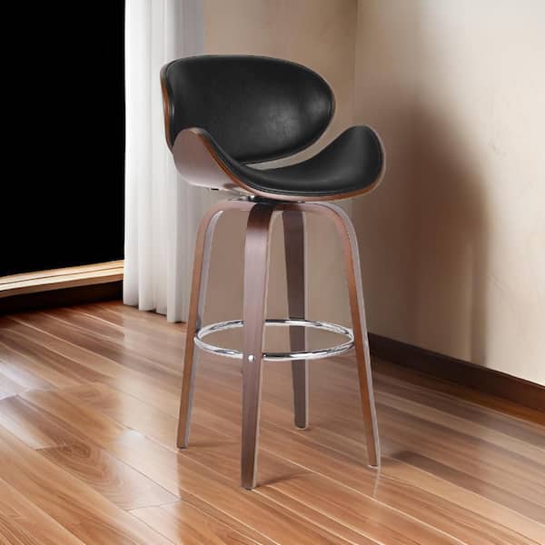 Benjara Zaine Swivel Black, Brown and Chrome Wood Frame Barstool Chair Zaine Swivel with Cushion