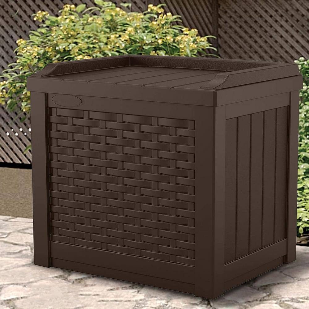Brown 22-Gallon Resin Wicker Deck Box with Hinged Lid