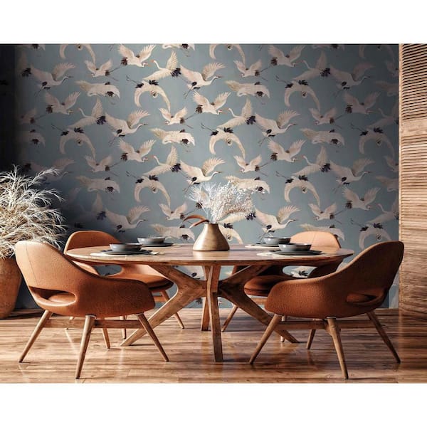 Light Blue Fog Cranes in Flight Print Non Woven Non-Pasted Textured Wallpaper 57 sq. ft.