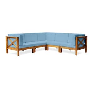 Brava Teak Brown 5-Piece Wood Outdoor Patio Sectional Set with Blue Cushions