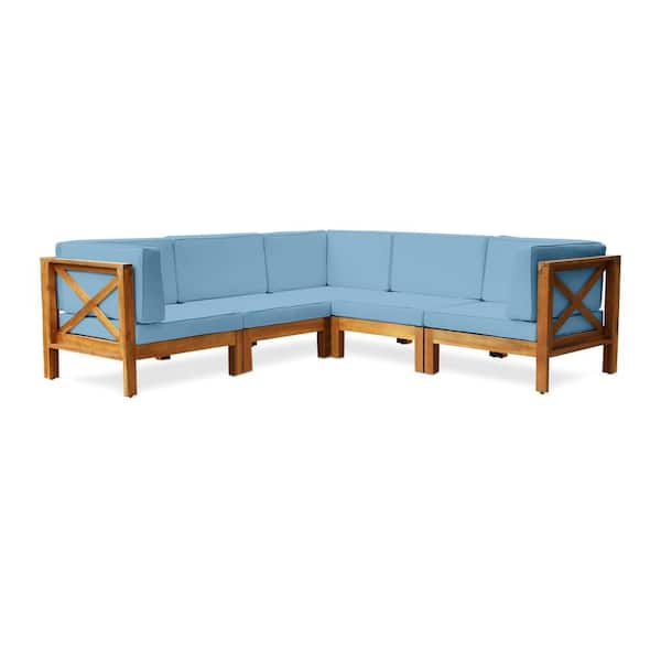 Noble House Brava Teak Brown 5-Piece Wood Outdoor Patio Sectional Set with Blue Cushions