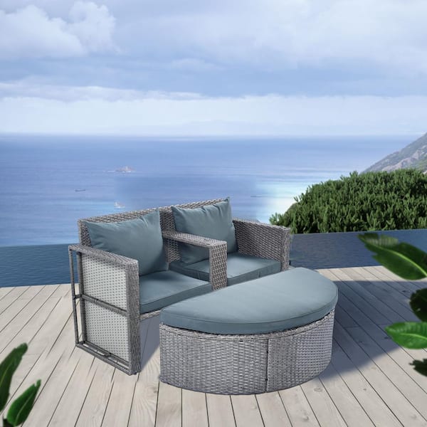 Tunearary 2-Piece Half-moon All-Weather PE Wicker Conversation with Set Side Table Gray Cushion