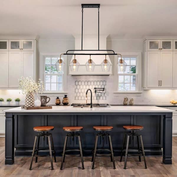 Dvorakova 43.98 in. 5-Light Black and Gold Kitchen Island Pendant with Rhomboid Glass Shades for Dining Room