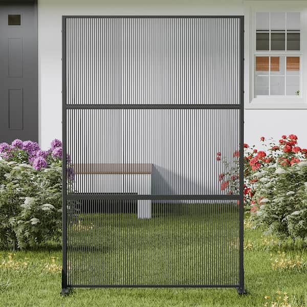 72 in. x 47 in. Outdoor Black Metal Privacy Screen Garden Fence with Rattan Panels in Vertical Stripes Pattern