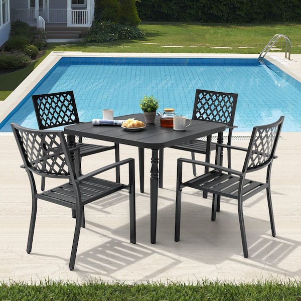 Black 5-Piece Metal Square Outdoor Dining Set with 4 Stackable Chairs and Umbrella Hole