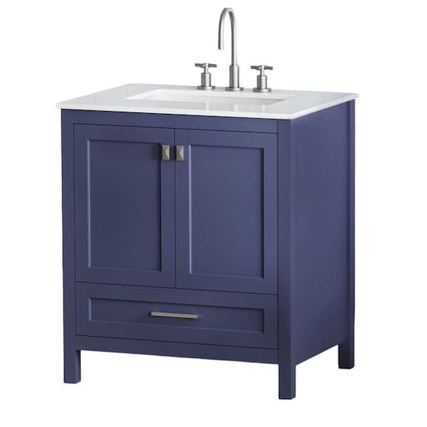ANGELES HOME 30 in. W Modern Bath Vanity in Navy Blue with Sink, Soft Close Drawer and Door, White Cultured Marble Top, Assembled