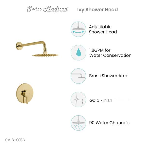 Ivy 1-Spray Patterns with 1.8 GPM Showerhead face diameter 8 in. Wall Mounted Fixed Shower Head in Brushed Gold