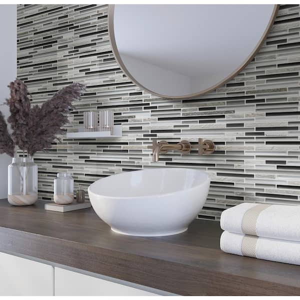 Waterfall Gray and Black 11.8 in. x 11.8 in. Polished and Honed Glass and Stone Mosaic Tile (4.83 sq. ft./Case)