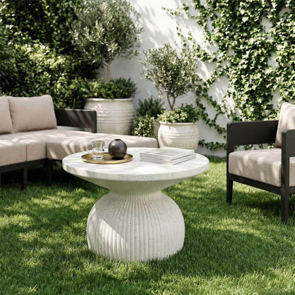 25.6 in. L x 19.5 in. H White Finish Round Shape Concrete Coffee Table in Concrete Frame