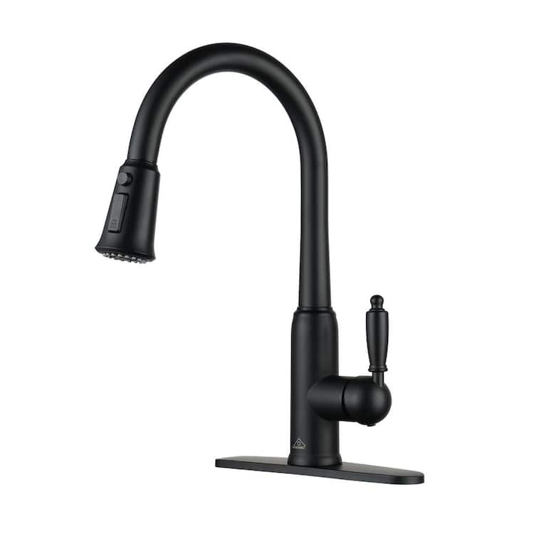 Boyel Living 3-Spray Patterns Single Handle Pull Down Sprayer Kitchen Faucet with Deckplate and Water Supply Hoses in Matte Black