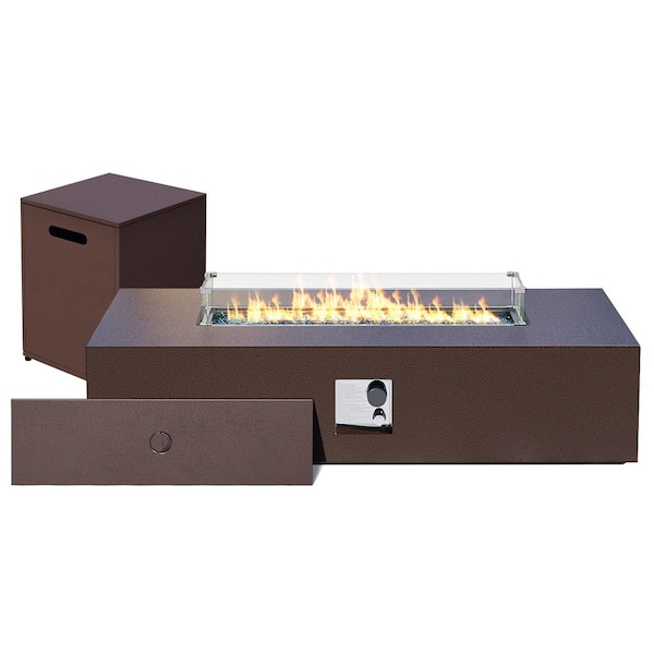 56 in. Rectangular Iron Outdoor Brown Fire Pit Table with Propane Tank Holder and Glass Wind Guard