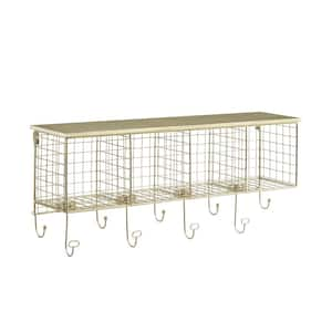 Decorah Gold Metal 4-Cubby Wall Shelf with 9 Hooks