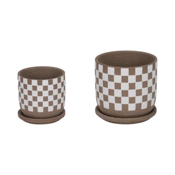 5 in. and 6 in. Brown Ceramic Checkerboard Saucer Decorative Planters (Set of 2)