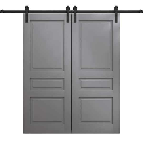 64 in. x 80 in. Painted Grey Oak Color Solid Wood Double Barn Door Slab With Hardware