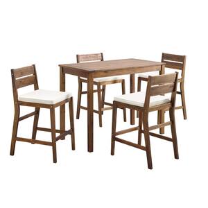Dark Brown 5-Piece Acacia Wood Rectangle Counter Height Outdoor Dining Set with White Cushions