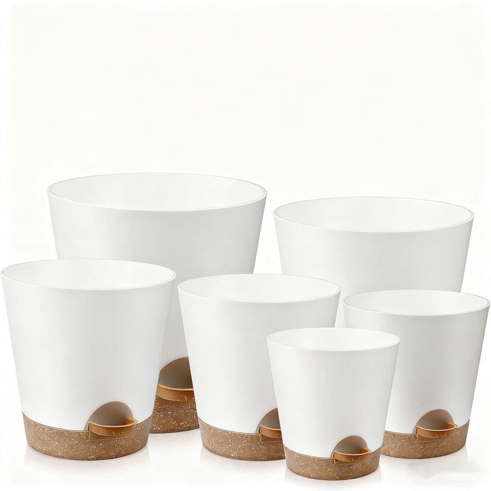 6-Pot 8, 7, 6.5, 6, 5.5, 5 in. Indoor White Plastic Round Self Watering Planter with Drainage Holes and Saucers price history on PriceWatchPro