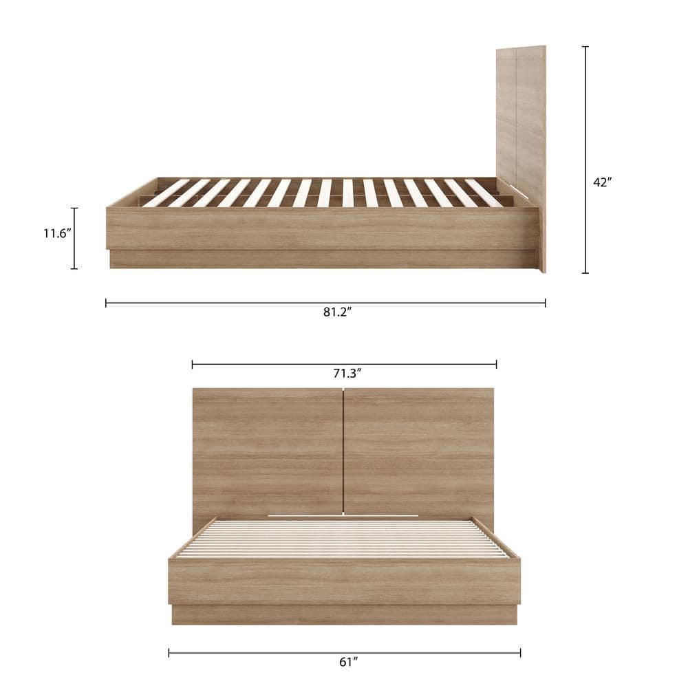 Queen Oak Wood Frame Upholstered Platform Bed with Headboard