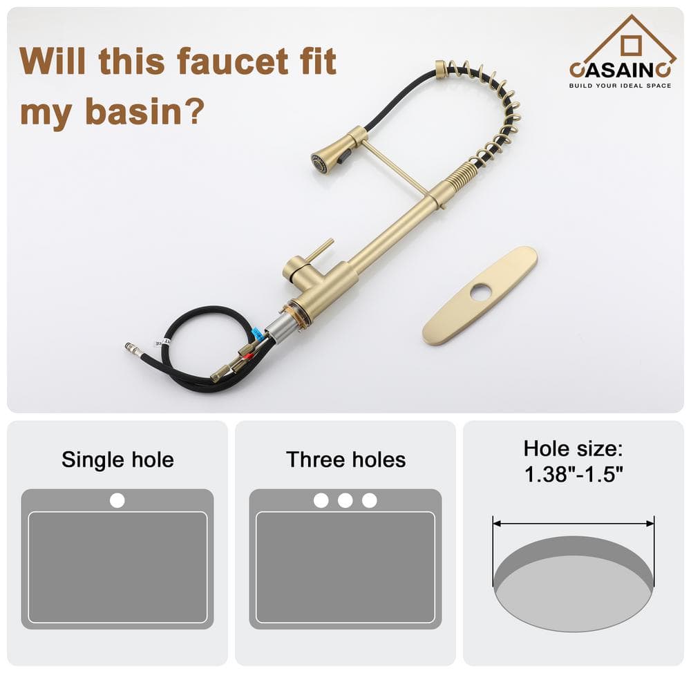 Brushed Gold Stainless Steel Pull-Down Kitchen Faucet with Spray Head